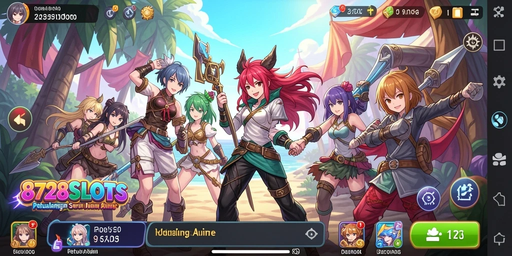 Screenshot gameplay penuh warna dari 8728SLOTS yang menggambarkan karakter anime.