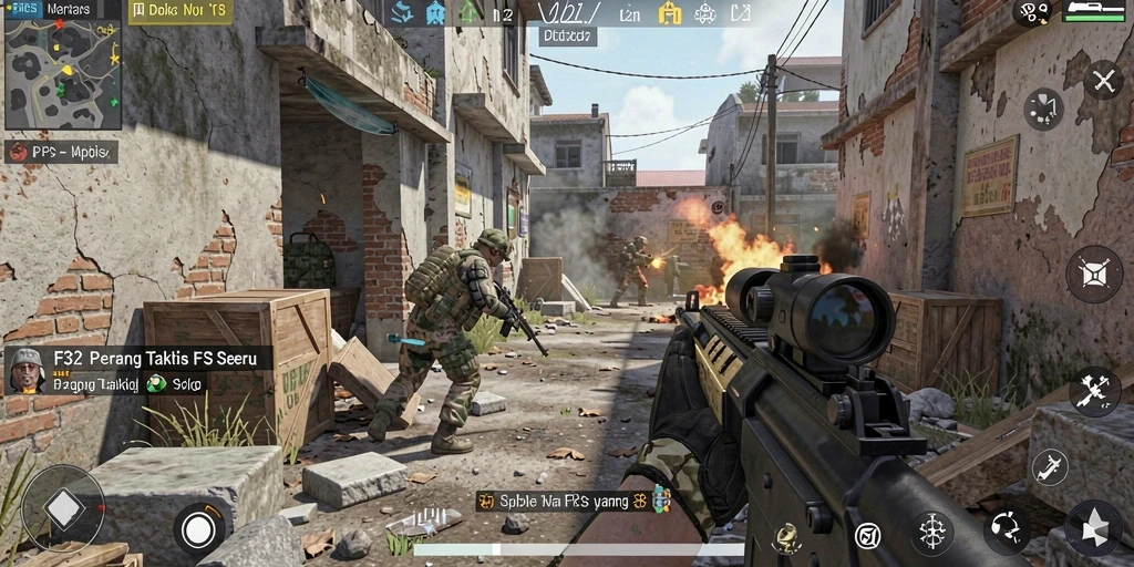 Tampilan gameplay menegangkan dari F32 dengan aksi menembak yang intens.