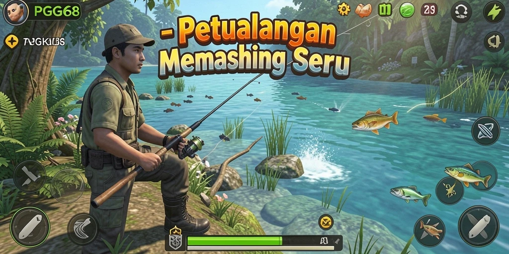 Screenshot PGG68 menunjukkan aksi memancing yang mendebarkan di danau yang indah.