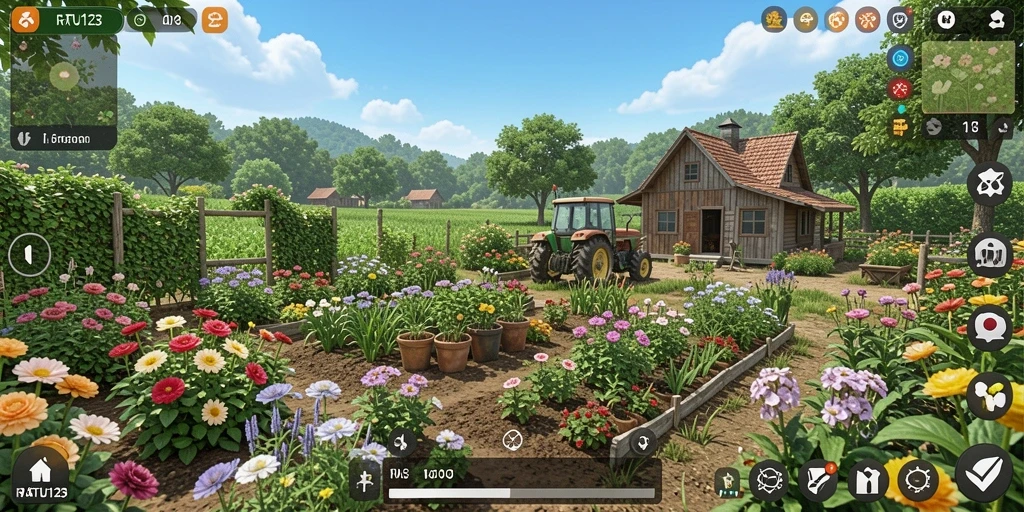 Tampilan gameplay RATU123 yang menampilkan kebun yang subur dan beragam tanaman.
