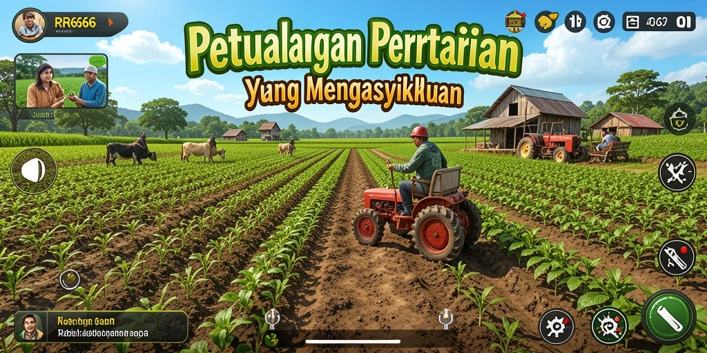 Tangkapan layar gameplay RR666 yang menggambarkan aktivitas bertani secara menyenangkan.