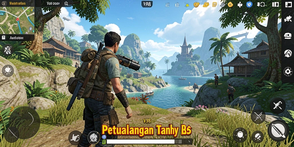 Screenshot menunjukkan karakter menjelajahi dunia terbuka yang luas.